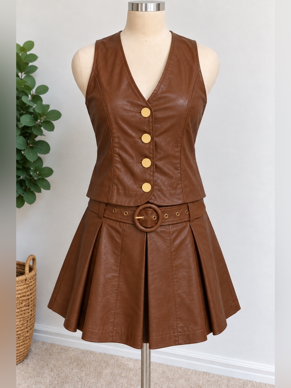 Zara Brown Faux Leather Vest & Pleated Skirt Set Women’s Size top XS skirt S